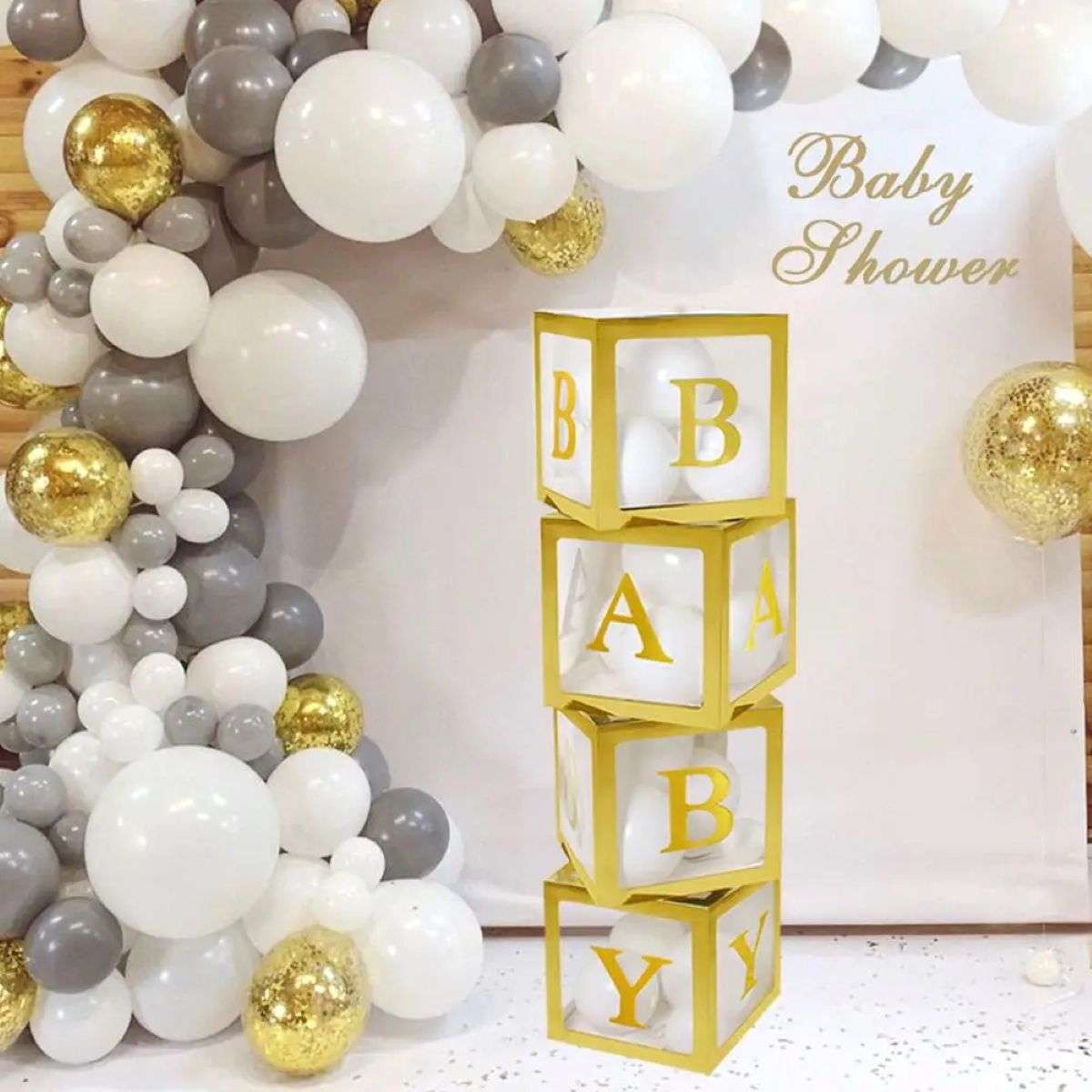 decor de botez — set de 4 cuburi BABY aurii pentru masa de botez