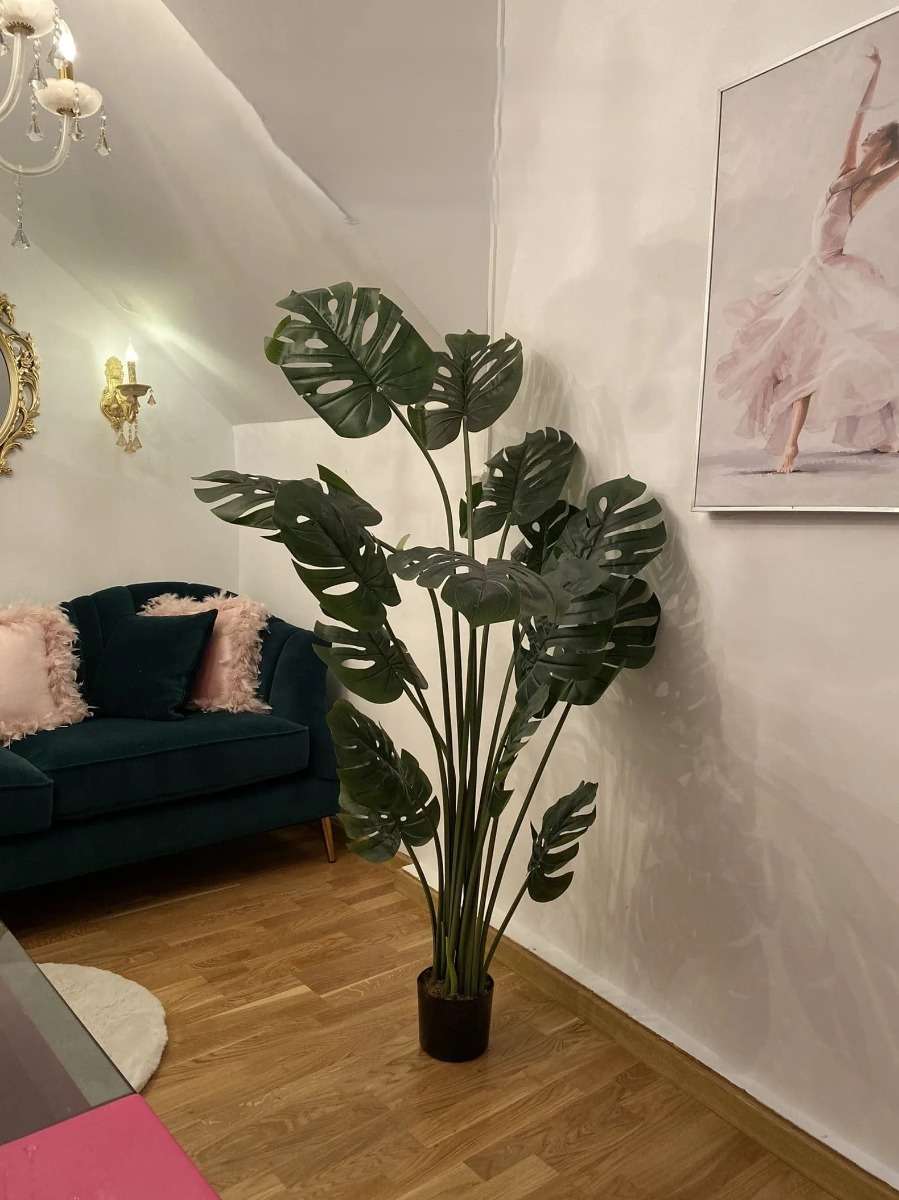 plante artificiale — copac monstera de 1,80 m lângă bibliotecă