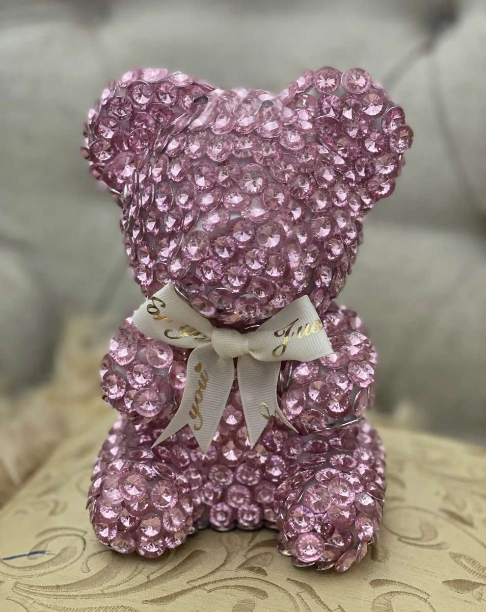 decor de botez — ursuleț roz cu diamante în cutie cadou de 25 cm