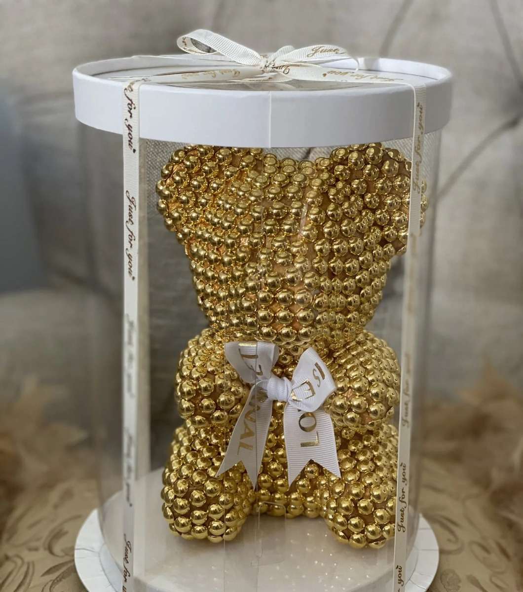 cadouri de Crăciun pentru clienți — urs decorativ cu perle aurii de 25 cm în cutie cadou