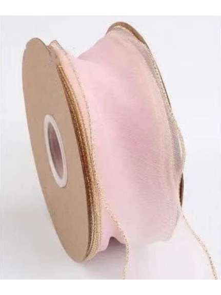 Panglica organza 50 mm – Roz cu margine aurie