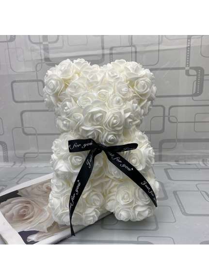Urs din flori de spuma – 25 cm – Alb cu cutie cadou